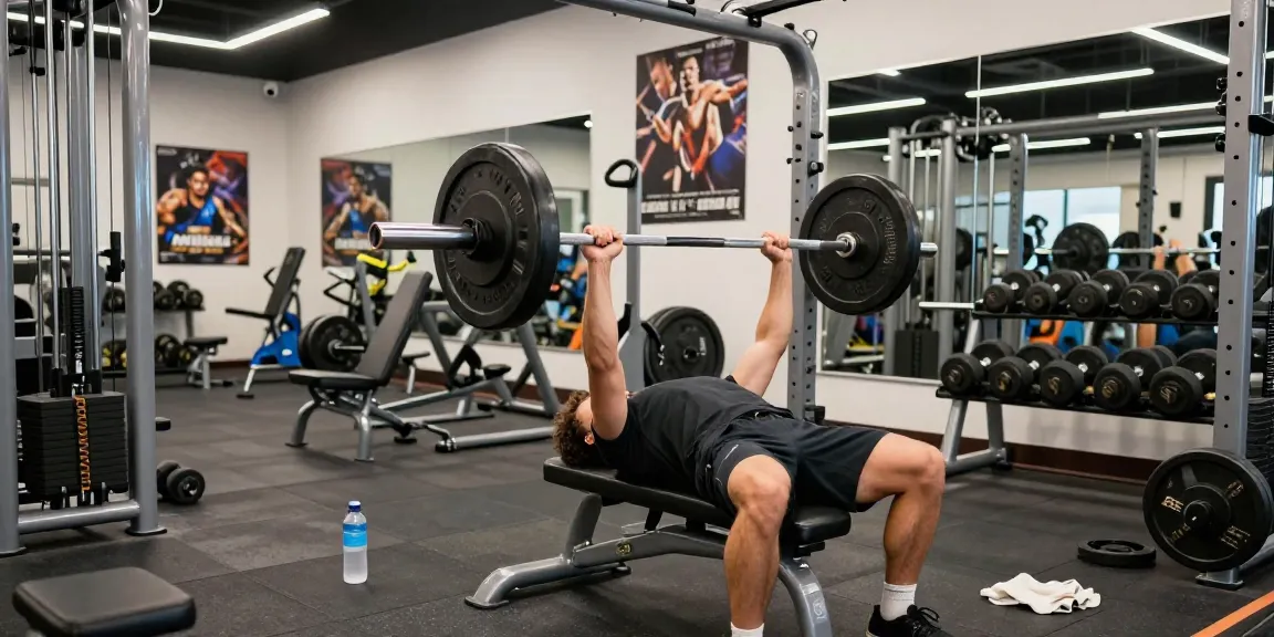 Medi Pharma Steroid Shop: Sportler beim Gewichtheben in einem modernen Fitnessstudio mit motivierenden Elementen.