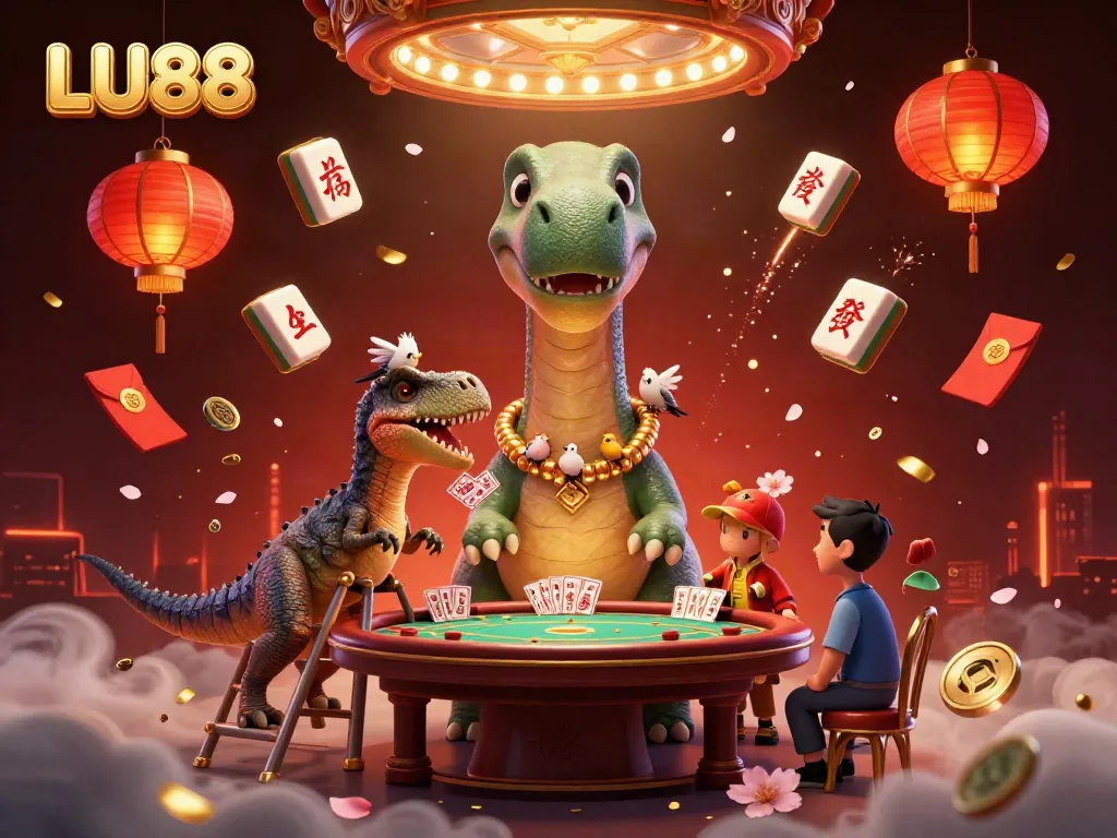 LU88 engages players with a unique casino adventure featuring a towering brontosaurus and a clever raptor.