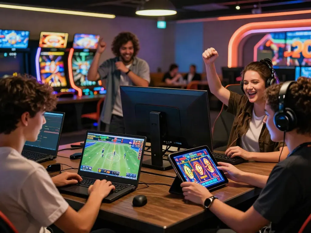 Group of players immersed in online gaming activities, showcasing sv88's exciting casino experience.