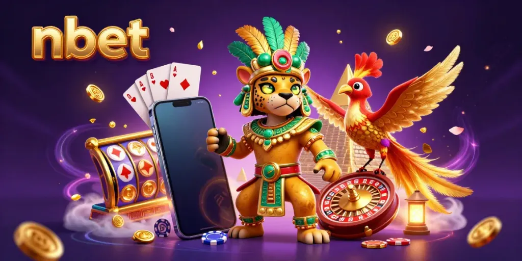 Experience nbet's thrilling atmosphere with a Mayan priest and vibrant gaming elements in this dynamic scene.