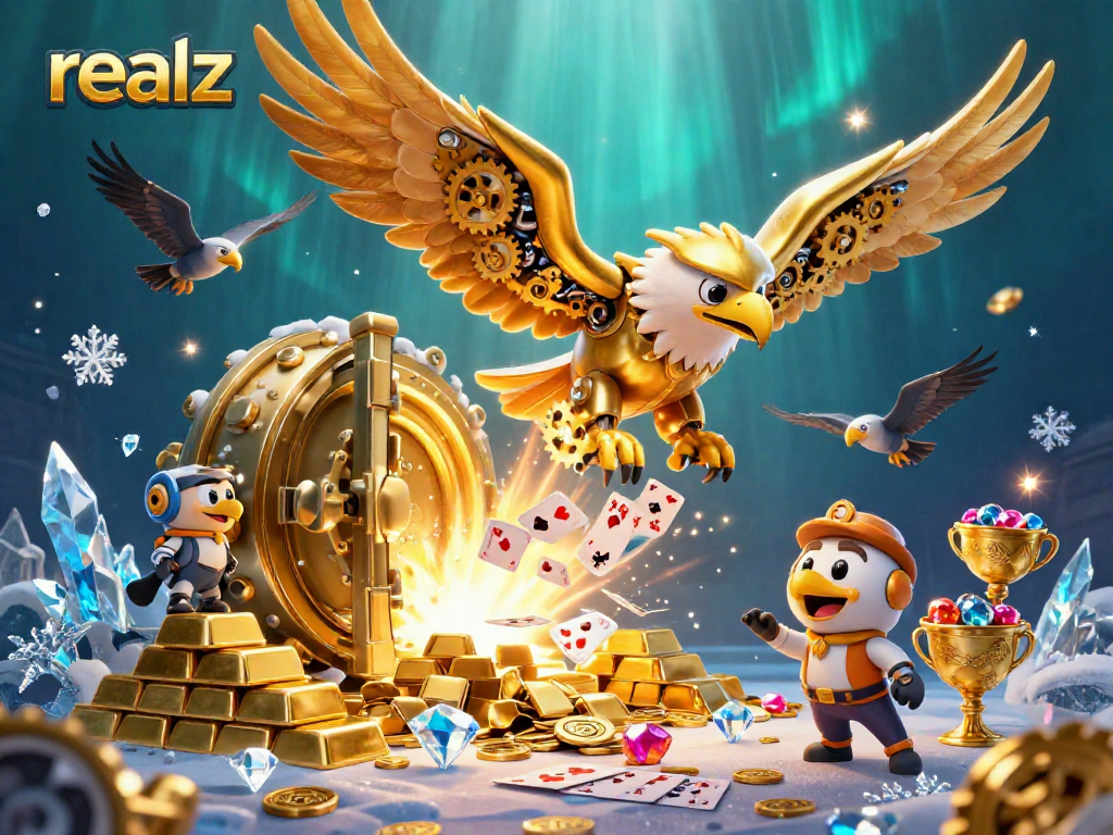 Spiele "realz" mit einem cybernetischen Adler und holografischen Spielkarten.