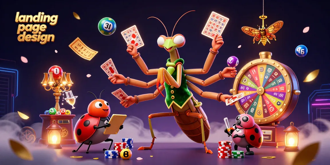 Experience engaging landing page design with a vibrant casino scene featuring a giant praying mantis and ladybug.