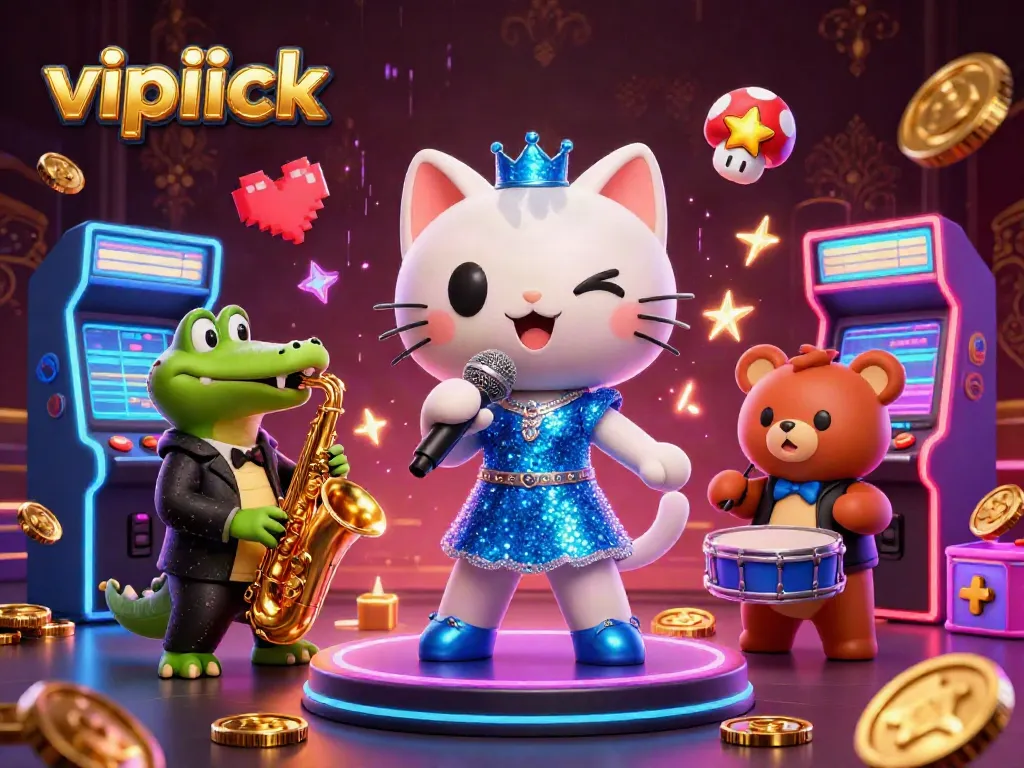 Experience vipluck's thrilling gaming scene with lively characters and vibrant casino elements.