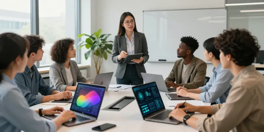 IT Sicherheitsberatung in modernem Büro, Sicherheitsberater bespricht Strategien mit Team.
