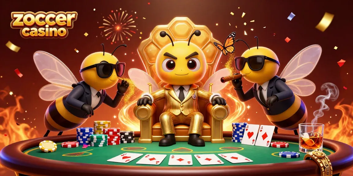 Experience thrilling poker action at zoccer casino with a vibrant 3D illustration of a cartoon mob boss and casino elements.