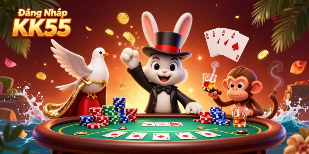 Experience Đăng Nhập KK55 with a magical scene of casino excitement featuring cartoon characters.