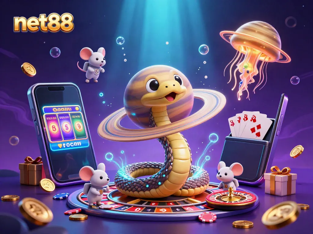 Betting in a cosmic-themed net88 casino universe with snakes and mice placing wagers.