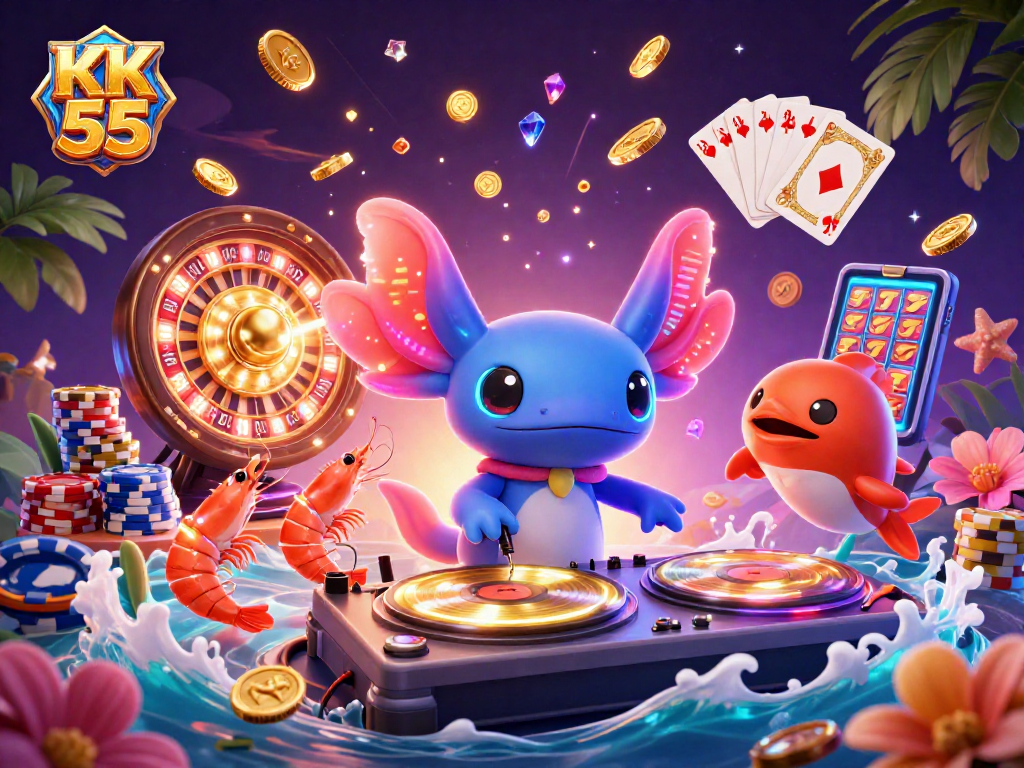 Join the party at KK 55 Casino with a neon-colored axolotl DJ spinning winning tracks!