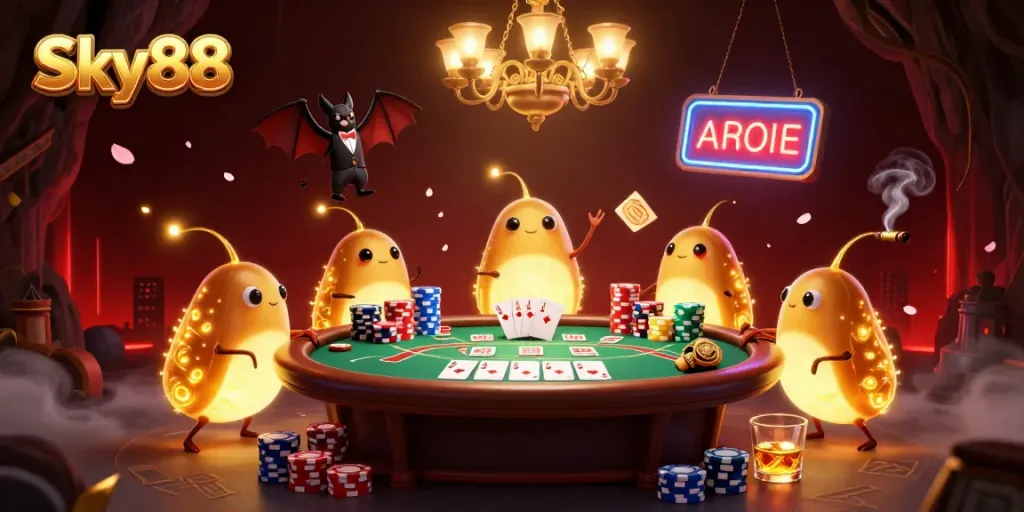 Experience thrilling poker at Sky88 with glowworms lighting the cave casino ambiance.
