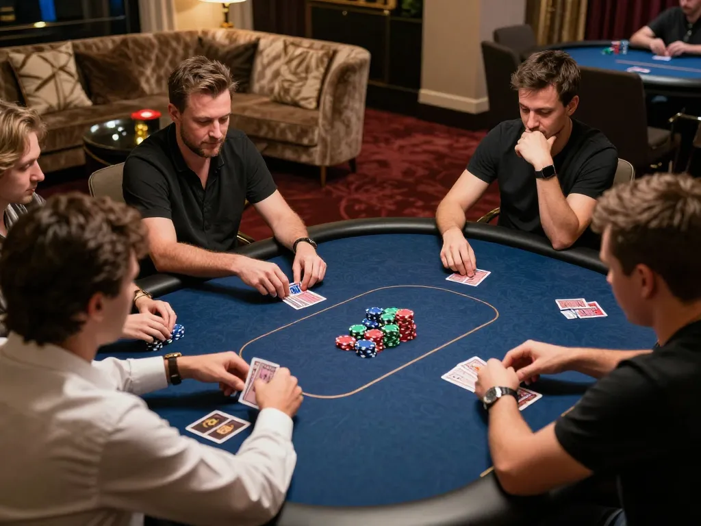 Ansprechende Poker-Spieler, die in einem schicken Veranstaltungsort strategisieren und die Expertise von Immobilienmakler Frankfurt Sachsenhausen repräsentieren.