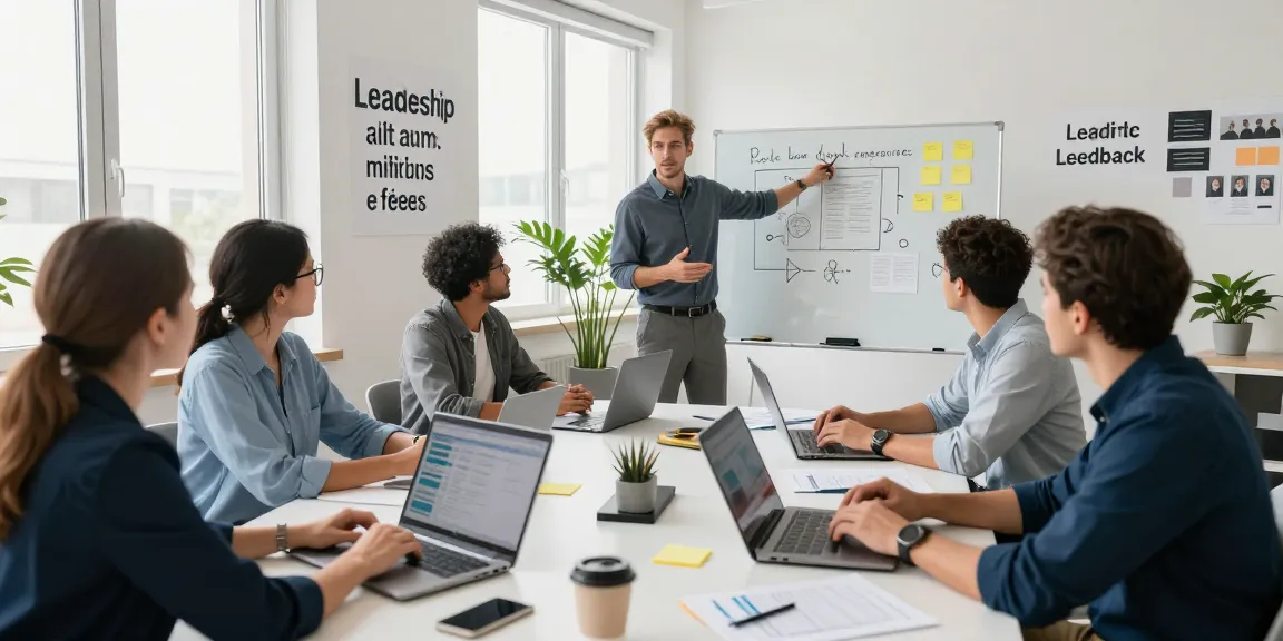 Bewertungsplattform-Führung: Team diskutiert anonymes Feedback über Führungskräfte in moderner Büroumgebung.