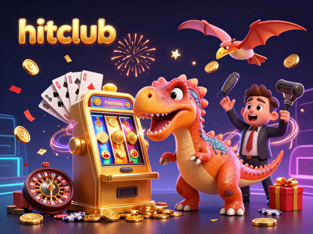 Hitclub showcases vibrant jackpot action with dinosaurs in a lively casino scene.