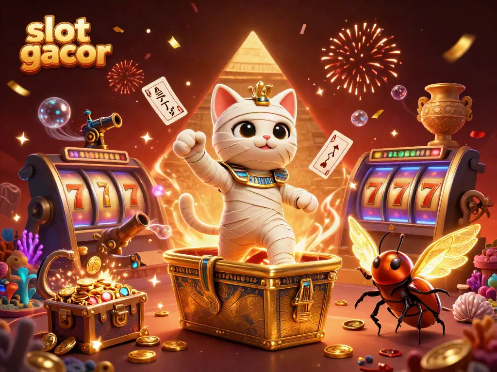 Experience slot gacor excitement with an Egyptian mummy cat and treasures in a vibrant casino setting.
