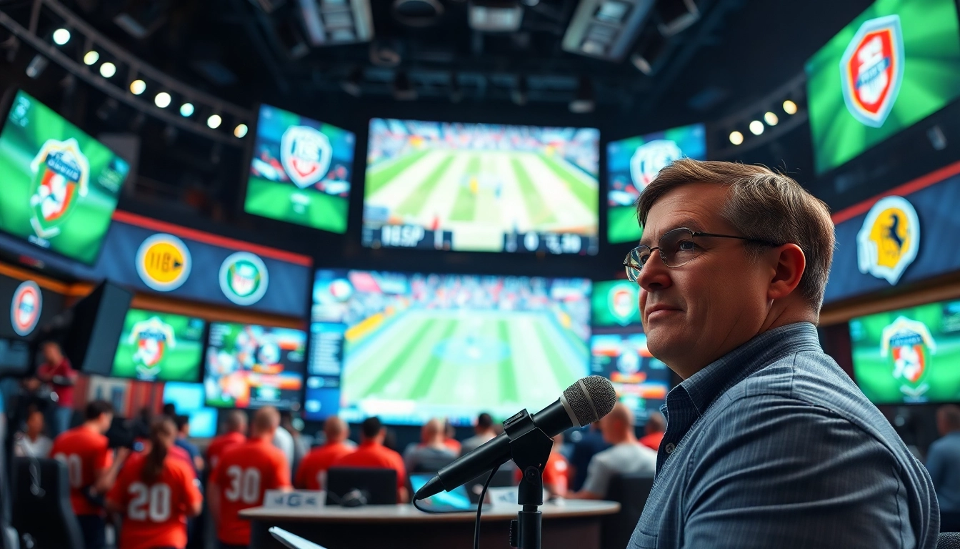 Dynamic sports broadcasting studio with announcer, vibrant visuals, and engaging atmosphere.