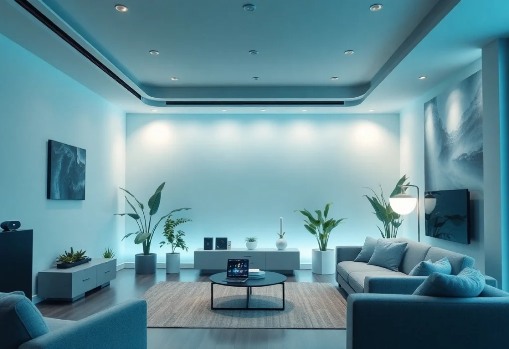 Smart Home-Interieur mit fortschrittlichen Geräten von TechBoys, das Innovation und Komfort zeigt.