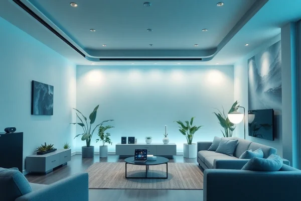 Smart Home-Interieur mit fortschrittlichen Geräten von TechBoys, das Innovation und Komfort zeigt.