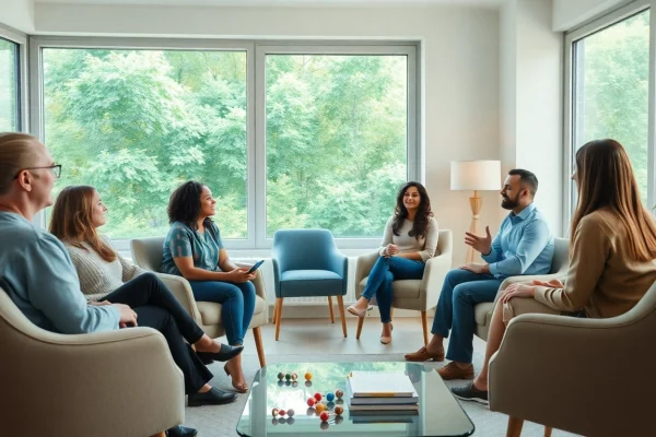 Promote mental health awareness with a therapist guiding a diverse group in a cozy setting.