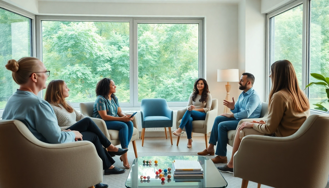 Promote mental health awareness with a therapist guiding a diverse group in a cozy setting.