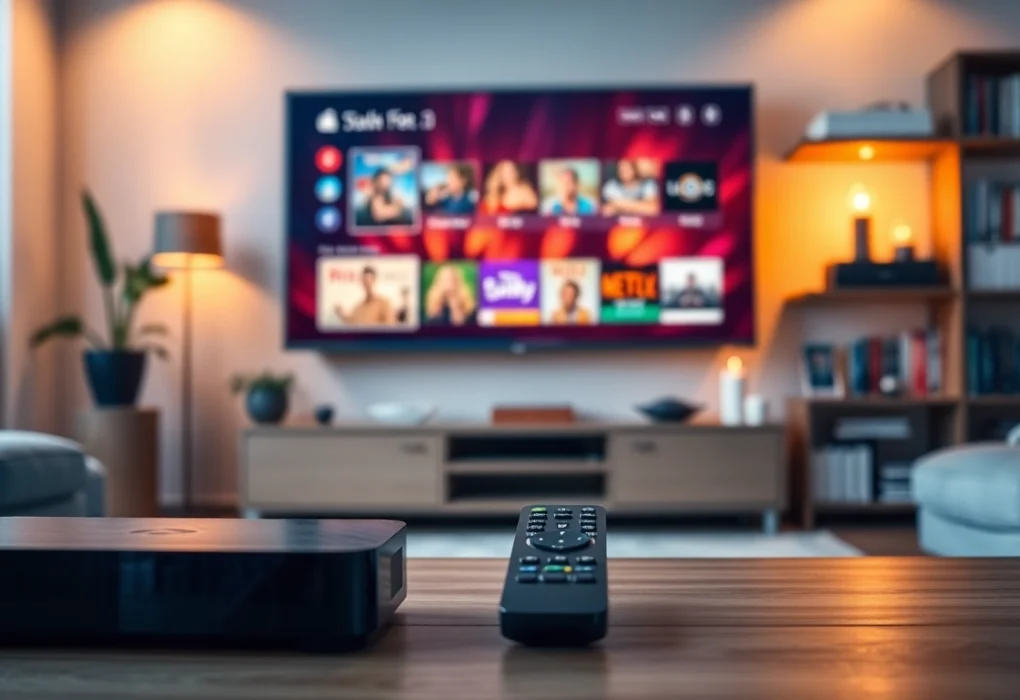 IPTV Streaming Anbieter Deutschland in einem modern eingerichteten Wohnzimmer mit lebendigen Kanälen.