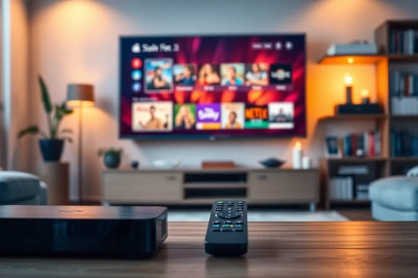 IPTV Streaming Anbieter Deutschland in einem modern eingerichteten Wohnzimmer mit lebendigen Kanälen.