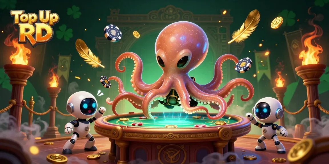 Top Up RD dengan alien gurita dan robot di meja poker holografik, ilustrasi 3D keren