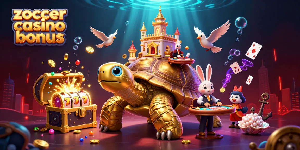 Experience the excitement of Zoccer Casino Bonus with a vibrant, detailed casino scene featuring a tortoise and more.