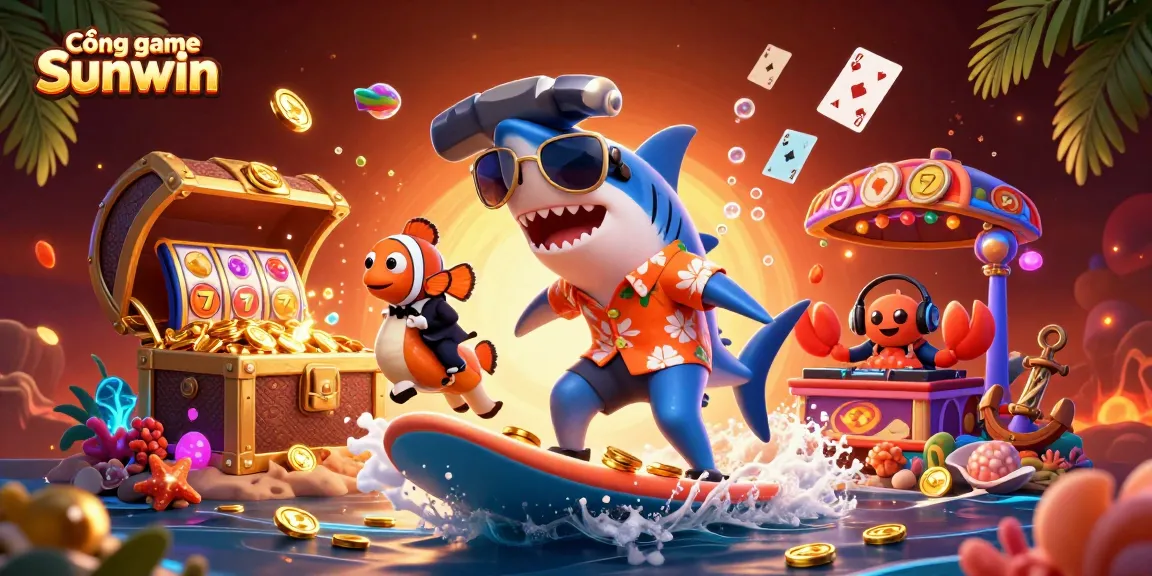 Cổng game Sunwin offers thrilling gameplay as a shark surfs gold coins amidst vibrant casino elements.