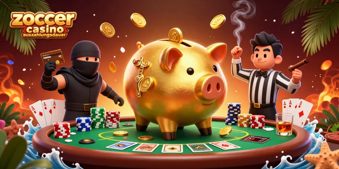 Zoccer Casino Auszahlungsdauer: Dynamische Illustration mit einem großen goldenen Sparschwein-Sumo-Ringer und Casino-Elementen